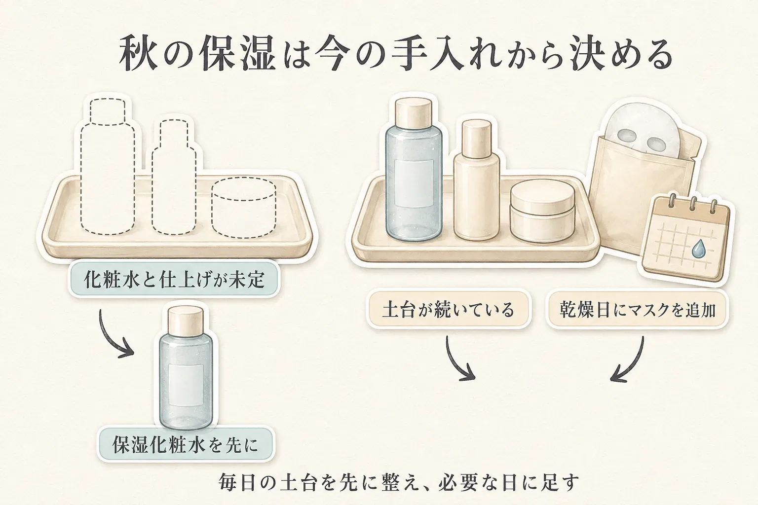 秋の保湿準備を今の手入れから決める図。化粧水と仕上げの保湿が未定なら保湿化粧水を先に選び、化粧水・乳液やクリームの土台が続いている場合は乾燥日にシートマスクを追加する流れを示す。