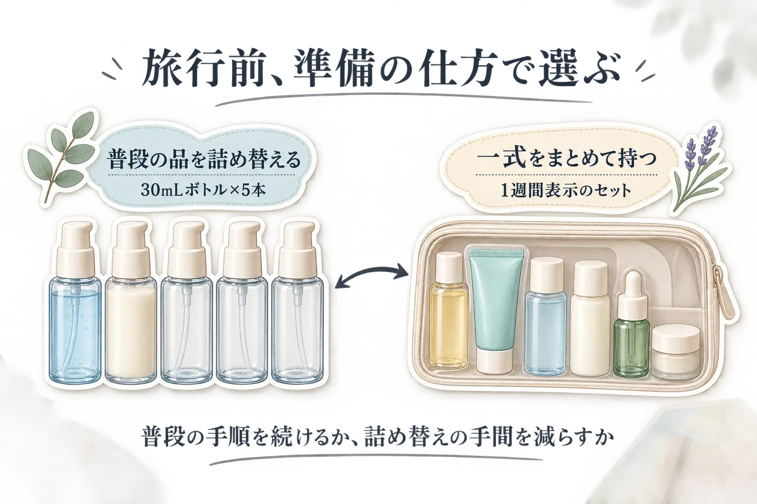 旅行用スキンケアの選び方を比較する図。普段の品を詰め替える方法は30mLボトル5本に分けて持ち、手順を変えにくいことを示す。一式をまとめて持つ方法は、クレンジング・化粧水・乳液などをポーチに入れた1週間表示のセットを示す。