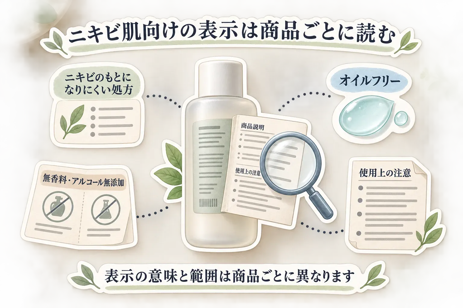 ニキビ肌向けの表示は商品ごとに読むことを示す図。ニキビのもとになりにくい処方、オイルフリー、無香料・アルコール無添加、商品説明と使用上の注意を確認し、表示の意味と範囲が商品ごとに異なることを示している。