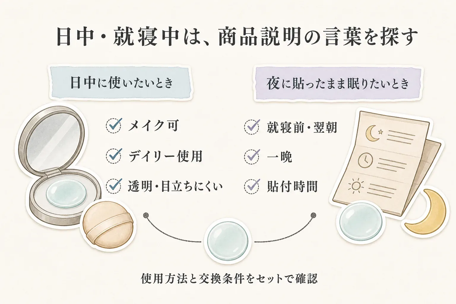 ニキビパッチを日中に使いたいときは「メイク可」「デイリー使用」「透明・目立ちにくい」、夜に貼ったまま眠りたいときは「就寝前・翌朝」「一晩」「貼付時間」の商品説明を探し、使用方法と交換条件をセットで確認することを示す図。