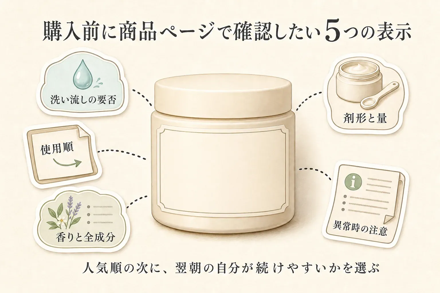 スリーピングマスク・ナイトクリームの購入前に商品ページで確認したい5つの表示を示す図。洗い流しの要否、使用順、香りと全成分、剤形と量、異常時の注意を確認する。
