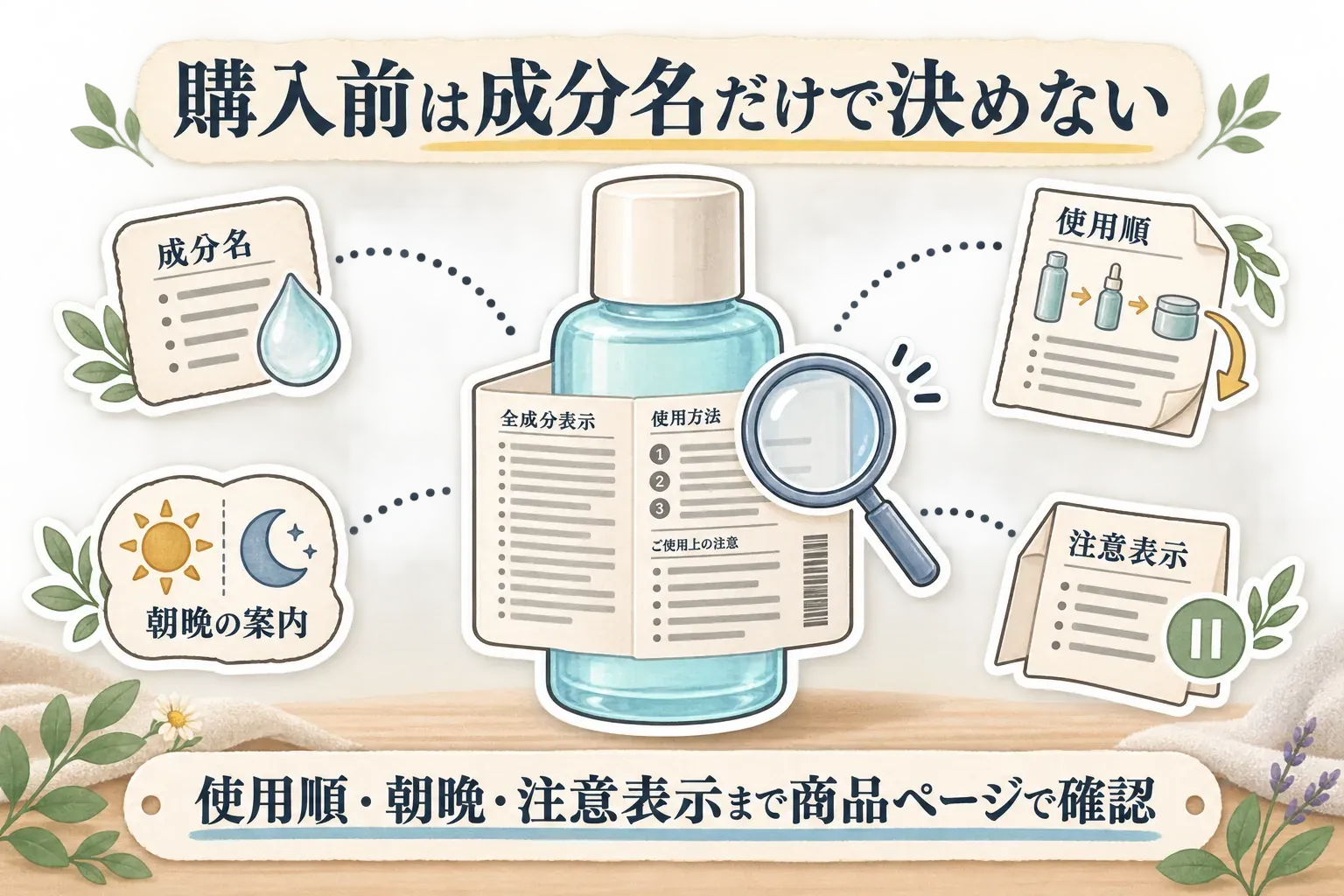 美容液を購入前に確認する項目を示す図。成分名だけで決めず、全成分表示、使用順、朝晩の案内、使用上の注意を商品ページで確認する流れを描いている。