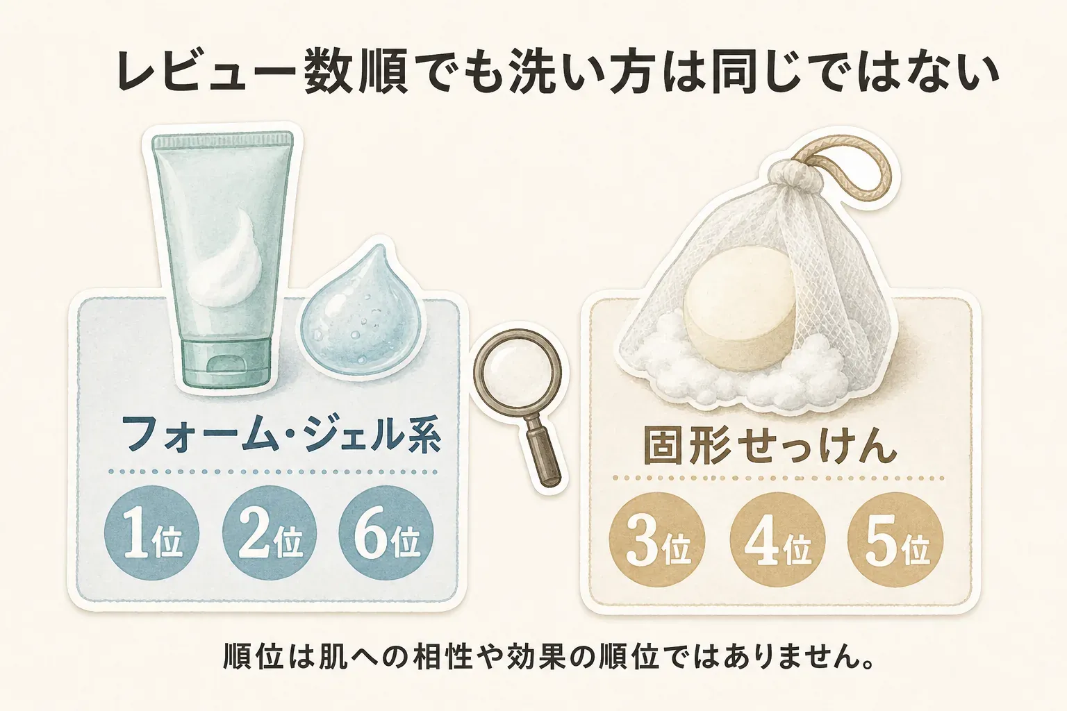 レビュー数順でも洗い方は同じではないことを示す図。フォーム・ジェル系は1位・2位・6位、固形せっけんは3位・4位・5位に分かれ、順位は肌への相性や効果の順位ではない。出典：今回確認した6商品の商品説明（2026年8月26日時点）
