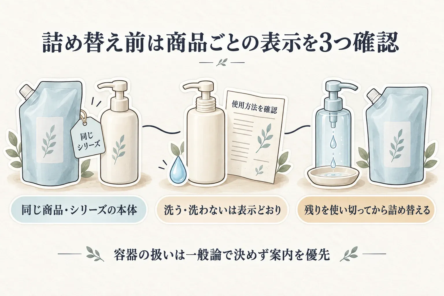 化粧水・乳液の詰め替え前に確認する3項目を示す図。同じ商品名・シリーズの本体容器か、洗浄・乾燥・継ぎ足しに関する表示があるか、ポンプ・細口・パウチのどの容器かを確認する。