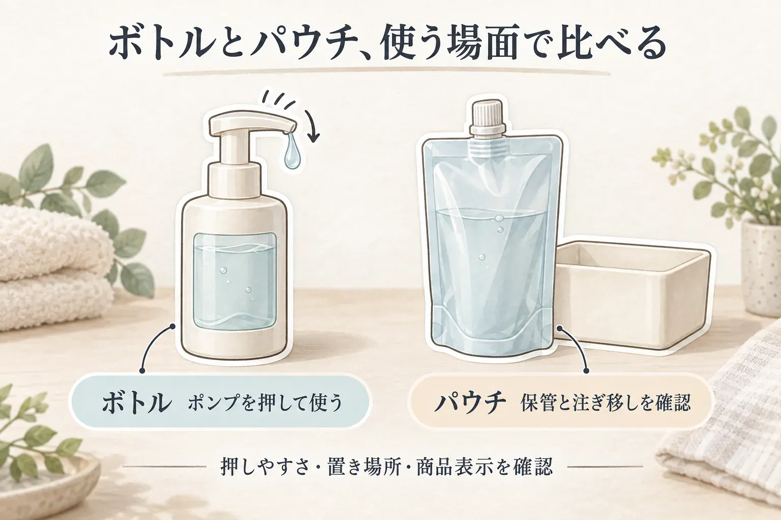 化粧水・乳液のボトルとパウチを比較する図。ボトルはポンプで使いやすい点、パウチは保管しやすい一方で注ぎ替え時のこぼれやすさや開封後の扱いを確認する点を示している。
