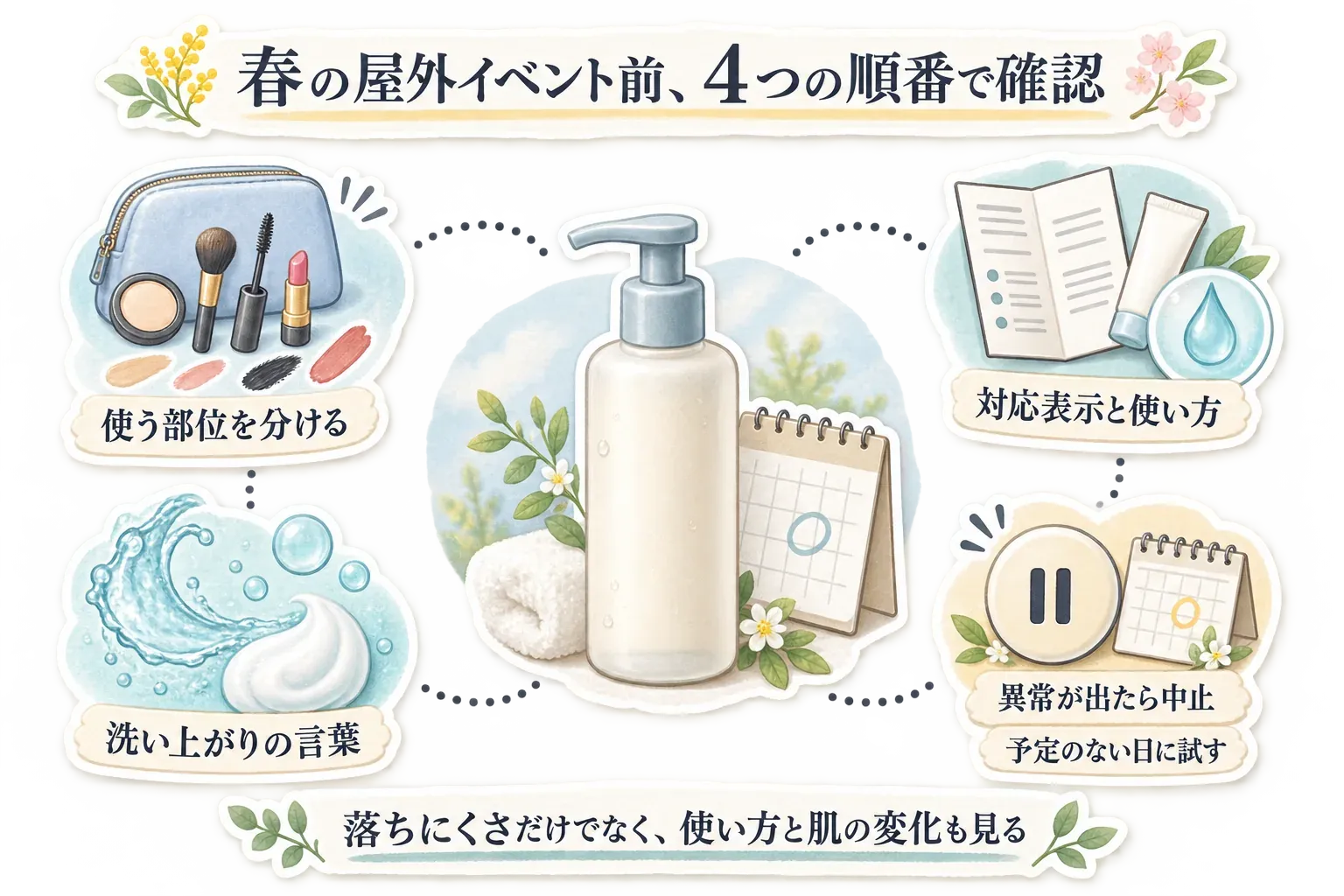 春の屋外イベント前にクレンジングを確認する4つの順番を示す図。使うメイクの部位を分け、対応表示と使い方を読み、洗い上がりの言葉を確認し、異常が出たら使用を中止して予定のない日に試す流れ。落ちにくさだけでなく使い方と肌の変化も見ることを示す。