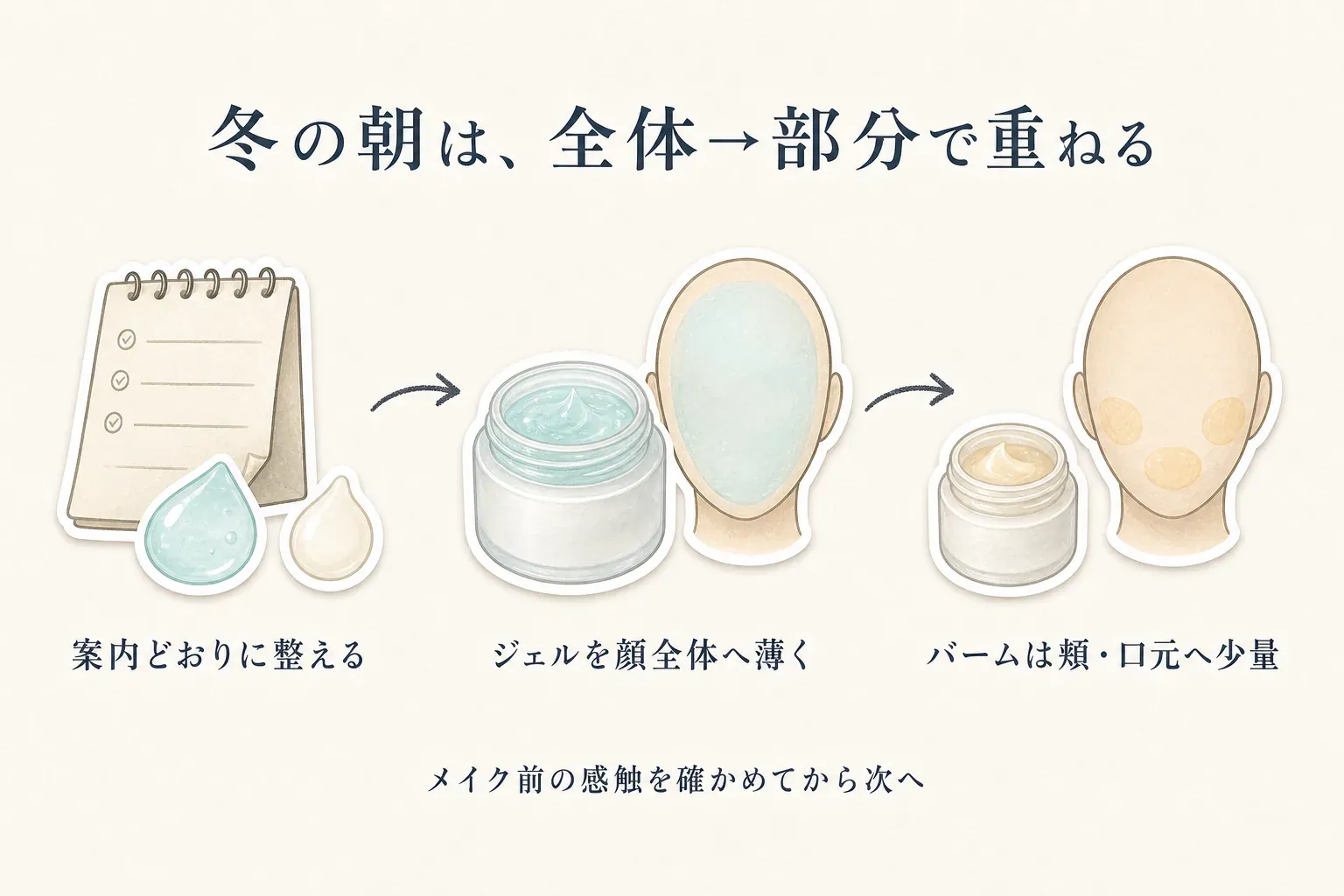 冬の朝の保湿手順を3段階で示す図。化粧水・美容液は商品案内どおりに整え、ジェルを顔全体へ薄くなじませ、バームは頬・口元など乾燥しやすい部分へ少量重ね、メイク前の感触を確認する流れ。